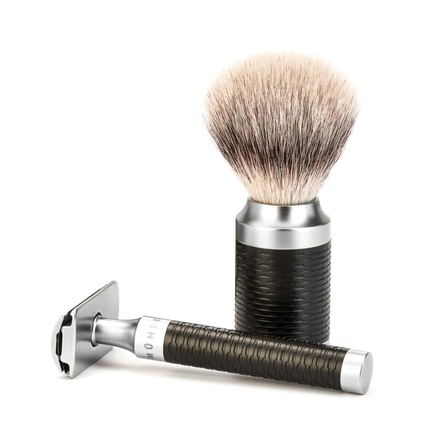 MÜHLE Rocca Rasierset - Rasierpinsel mit Silvertip Fibre, Rasierhobel, Halter - Griffe aus schwarzem Edelstahl - vegan