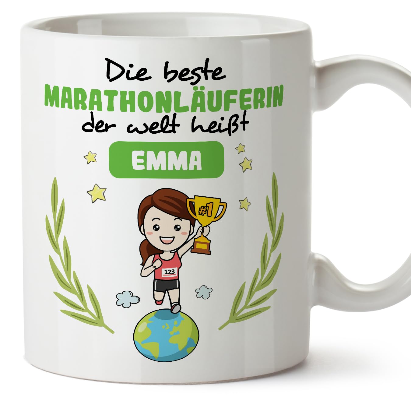 MUGFFINS Personalised Mug for Marathon Runner Woman - in German - der Beste der Welt - Funny Custom Gift for Colleagues - Ceramic 11oz Mug