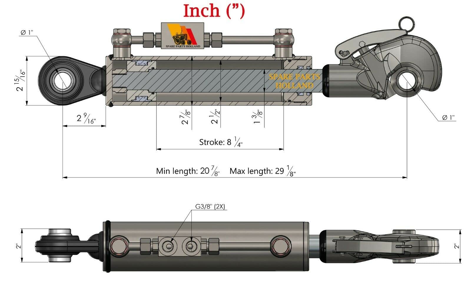 Terzo punto idraulico per trattore CAT 2 +2 Ganci 20 7/8" - 29 1/8" Corsa Bloccaggio Bloccaggio Tubi Stroke 8 1/4"