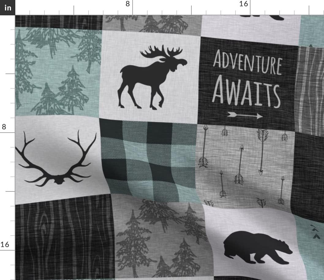 Spoonflower Fabric - Adventure Awaits Quilt Aqua Black Grey Mint Moose Patchwork Woodland Printed on Cotton Poplin Fabric by The Yard - Sewing Shirting Quilting Dresses Apparel Crafts