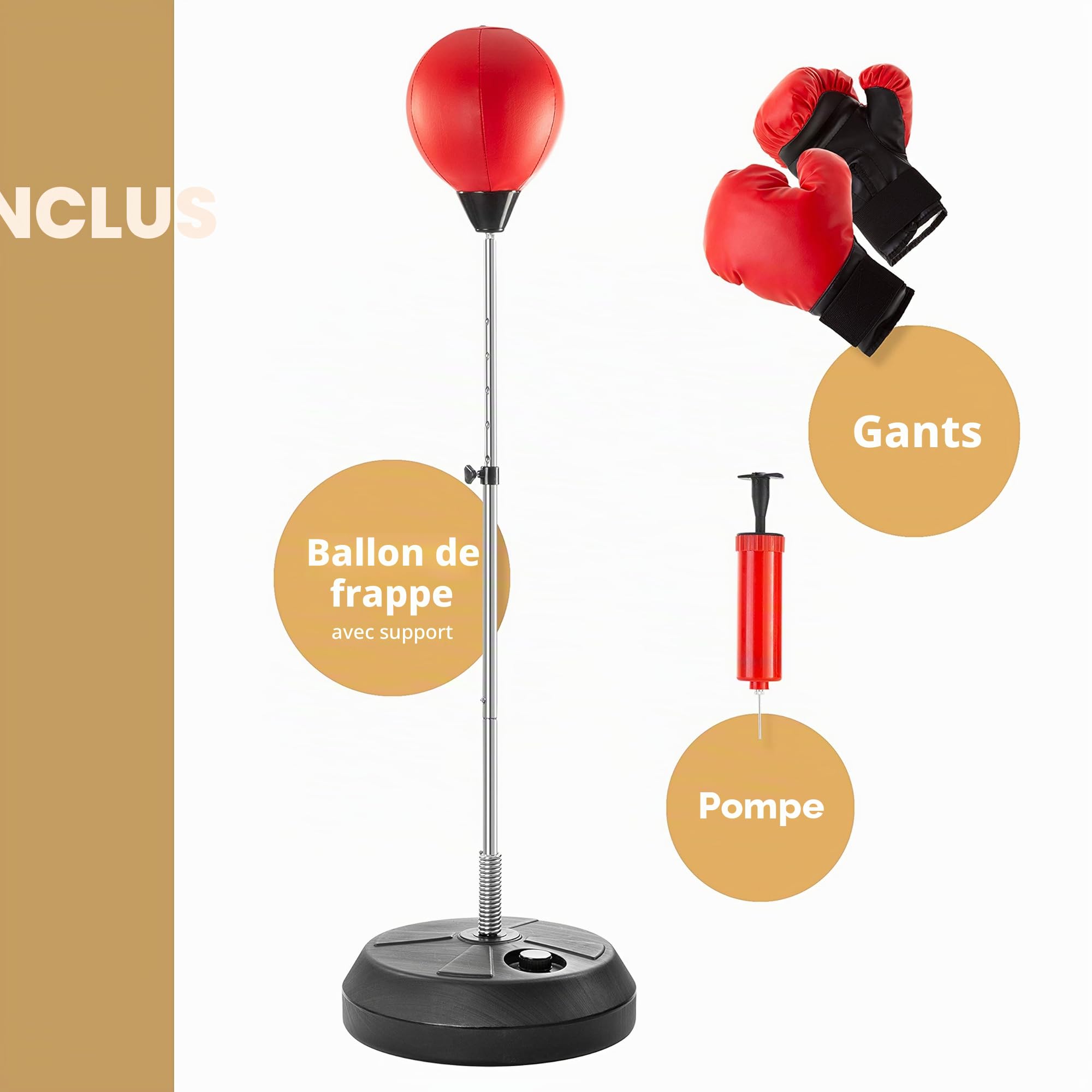 Kit de Boxe avec Ballon de Frappe, Gants, Pompe et Support Réglable – Entraînement Fitness & Réflexes pour Adultes