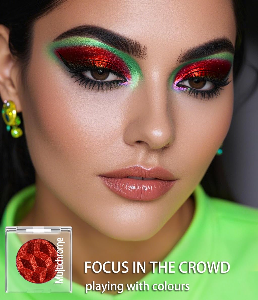 Sombra de ojos con purpurina roja camaleón, altamente pigmentada, paleta de sombra de ojos roja con purpurina metálica única, cambio de color intenso, cromado, rojo verdadero 4