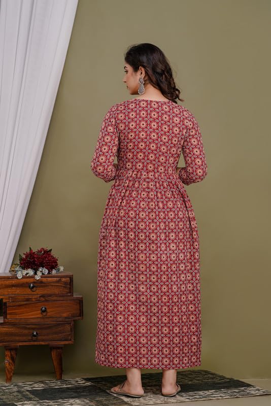 Image of Women's Pure Cotton Printed Maternity Gown /Maternity wear /Feeding Gown A-line Maternity Feeding Dress Maternity Kurti Gown for Women