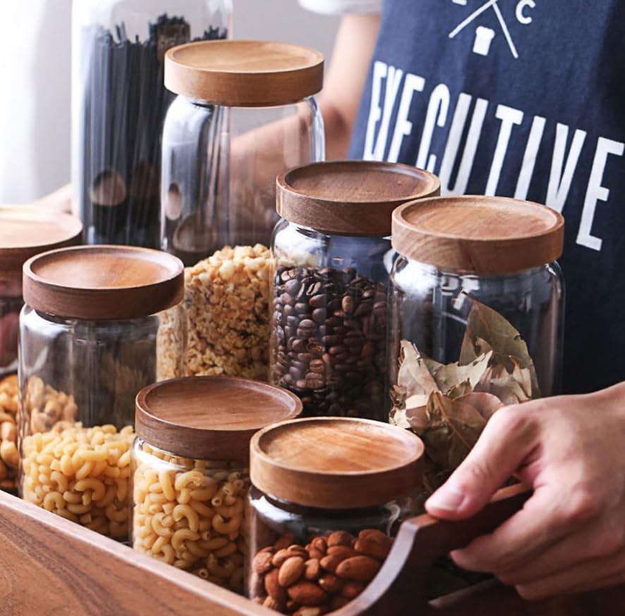 Luminexia Vakuum Kaffedose,Haushaltsküche Aufbewahrungsglas luftdichtes Glas,Akazienholz,Nicht leicht zu verformen,mit insektensicherer Wirkung