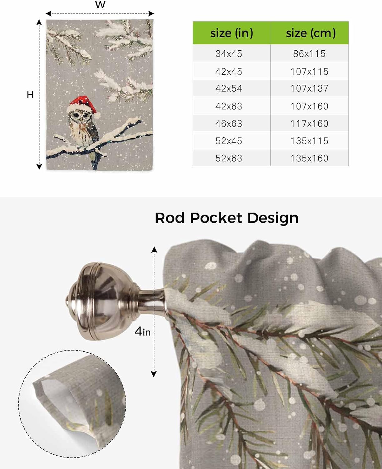 MISHKIN Christmas Owl Tie Up Curtain for Window Blackout Balloon Valance Curtain for Bathroom Winter Branch Leaves Snow Gray Adjustable Window Shade for Kitchen Living Room Bedroom 52" Wx63 L