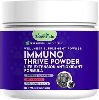 Animal Essentials Immuno-Thrive Wellness Powder for Dogs & Cats - All Natural Immune Support for Pets, Mushroom Blend, Promotes Healthy Skin & Coat, Life Extension Antioxidant Formula - 5.3 oz