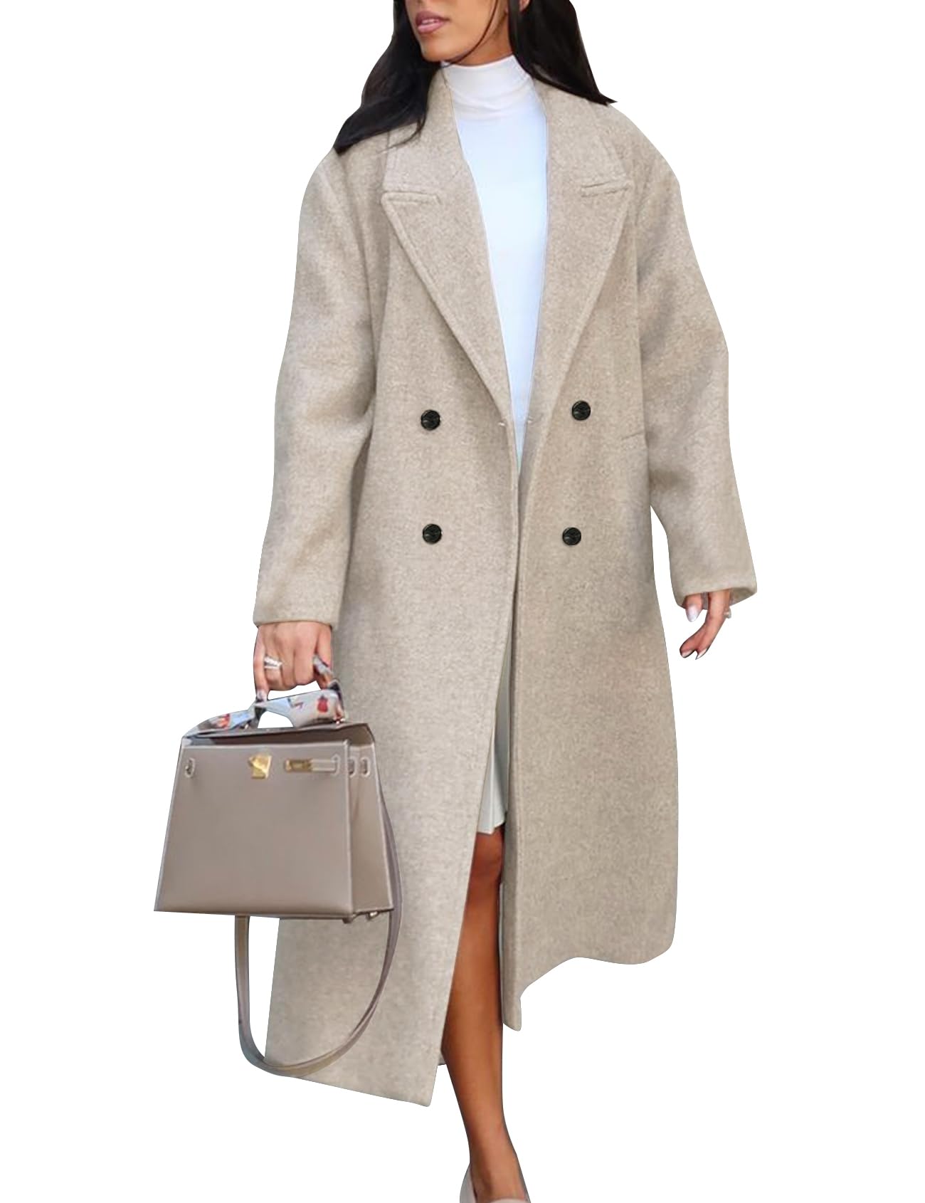 Flygo Womens Long Pea Coat Double Breasted Notch Lapel Trench Coat Office Work Peacoat Jacket Dress Coat-picture-30