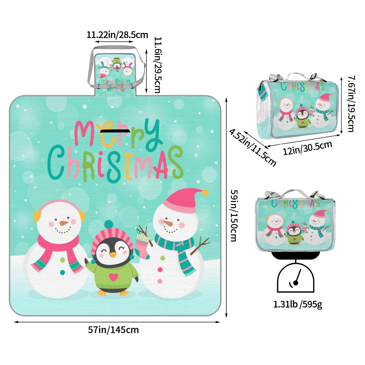 Shimoshe Picnic Blankets 57”x 59”, Cute Christmas Penguin Snowman Waterproof Sandproof Picnic Mat Lightweight Foldable Beach Blanket for Camping Park Grass Beach Outdoor Blanket
