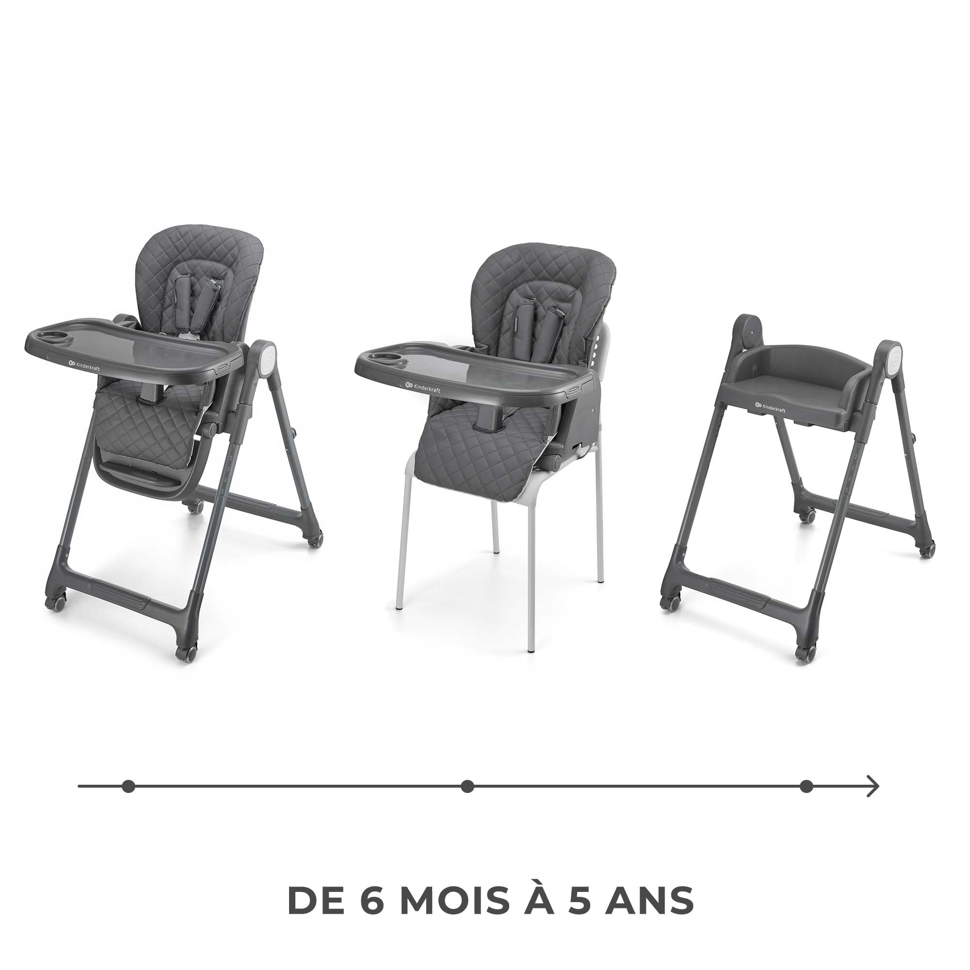 Kinderkraft TULO Chaise haute pour bébé, Ergonomique, Confortable, Pliable, Avec Repose-Pieds Réglable en Hauteur, Double Plateau Amovible Pour les Tout-Petits de 6 mois à 5 ans, Gris