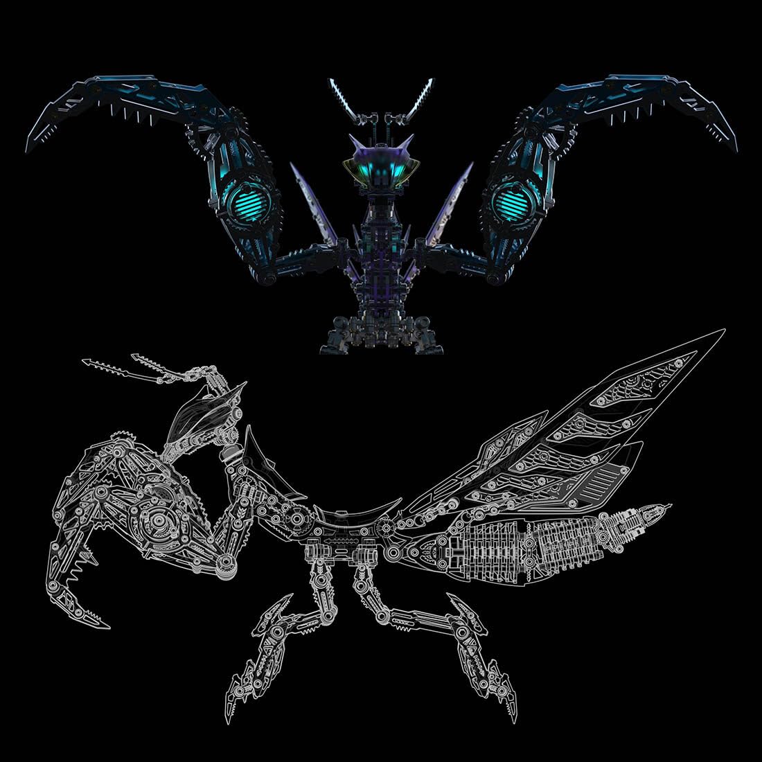 Mantis Zestaw metalowych puzzli 3D, 1000 szt., DIY, mechaniczny owad, stal nierdzewna i stop, model steampunkowy, z magnetycznymi światłami LED, dla dorosłych