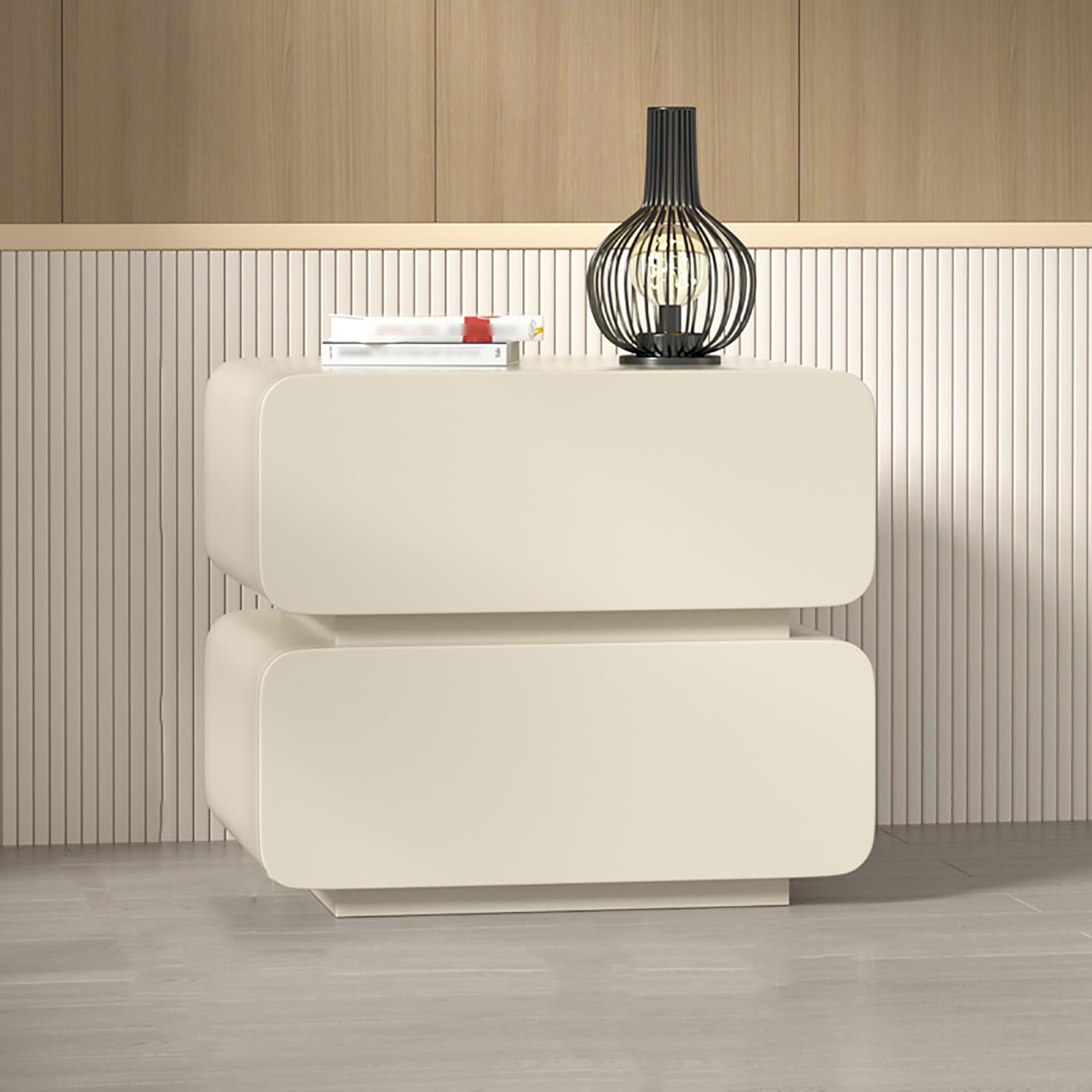 ZJHESXV Smart Bedside Table with Dual Led Strip Lights, Luxurious Solid Wood Night Stand with 2 Drawers, Solid Wood Frame, Modern Nightstand for Bedroom Living Room(35x40x50cm(14x16x20inch), Beige)