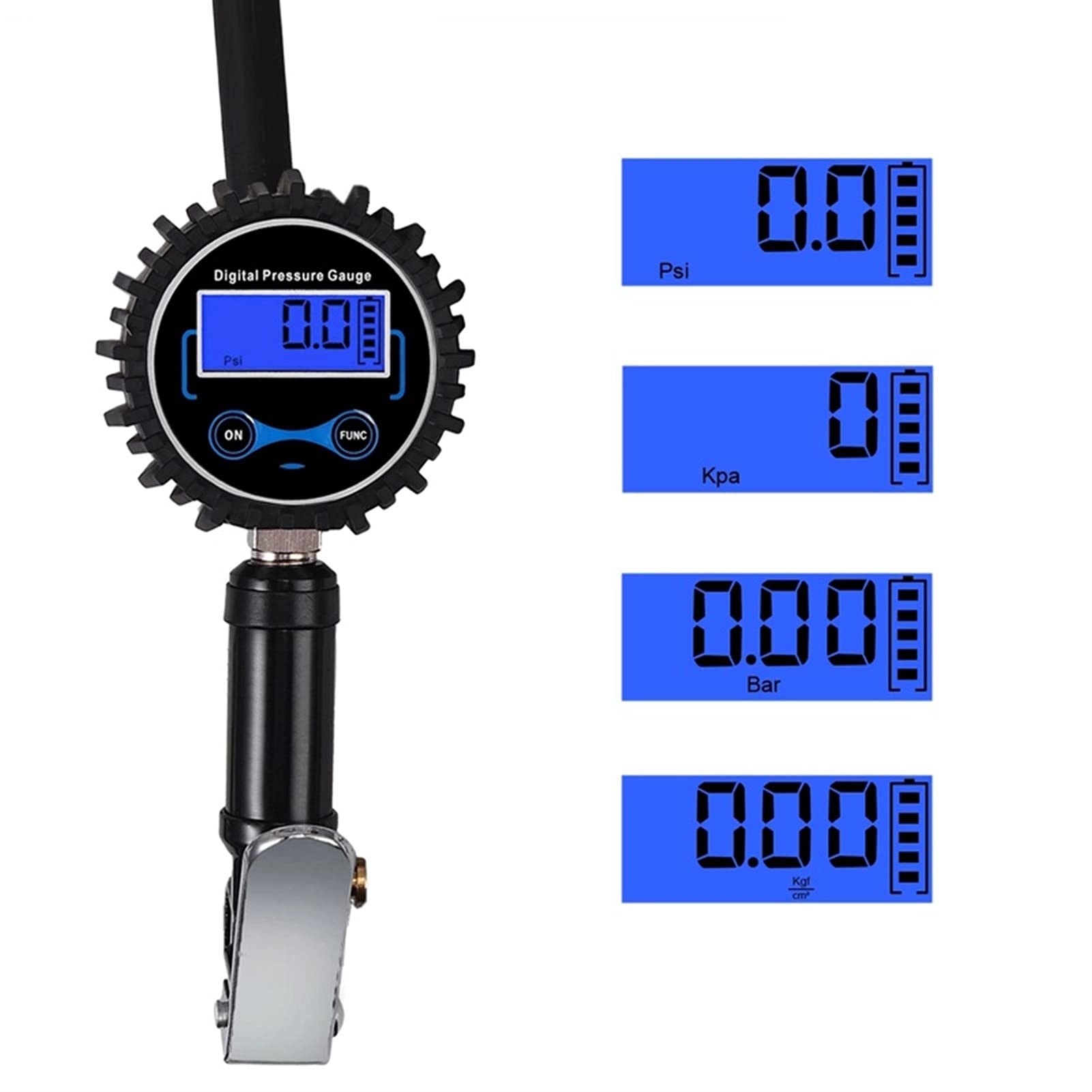 Inflador de neumáticos Digital 0-200PSI con manómetro con 4 Tapas de válvula Indicador de inflado de neumáticos de Acero con Manguera de Goma