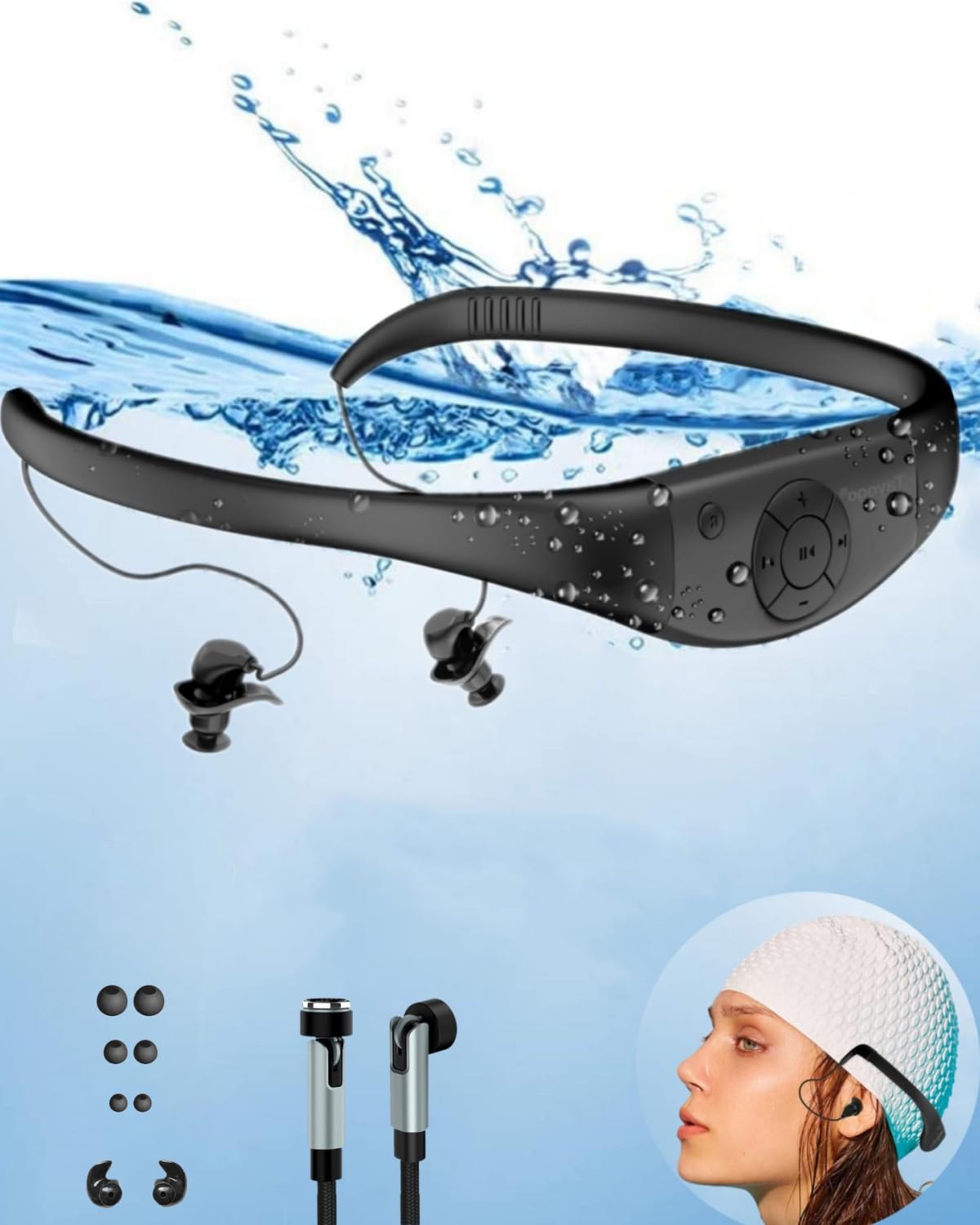 Waterproof Mp3 Player for Swimming, Waterproof MP3 Player, 8GB IPX8 Magnetic Charging Swimming Headset, MP3/FM Mode, Music Player for Swimming - Black