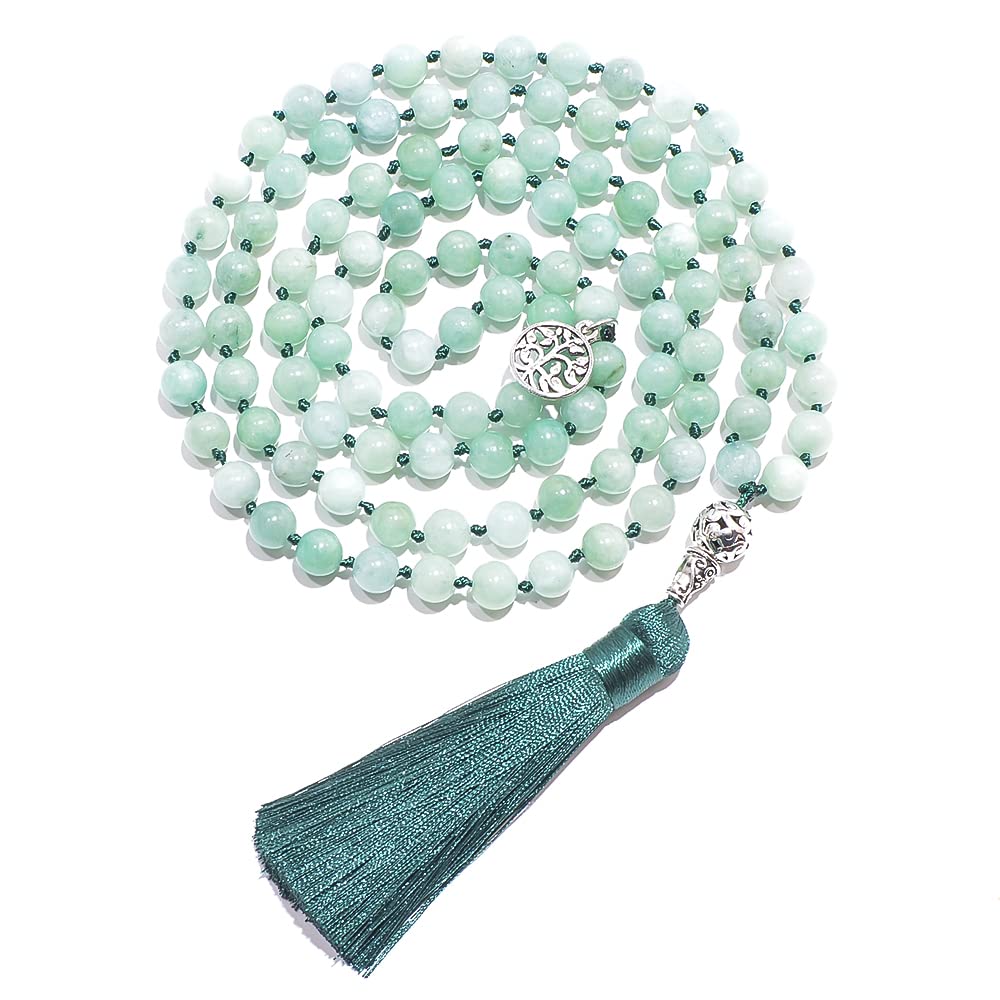 Hovaete 108 Mala Prayer Beads Necklace Natural Stones Meditation Yoga Jewery 108 Hand Knotted Japa Mala Beaded Long Tassel Necklace with Tree of Life Pendant for Men and Women