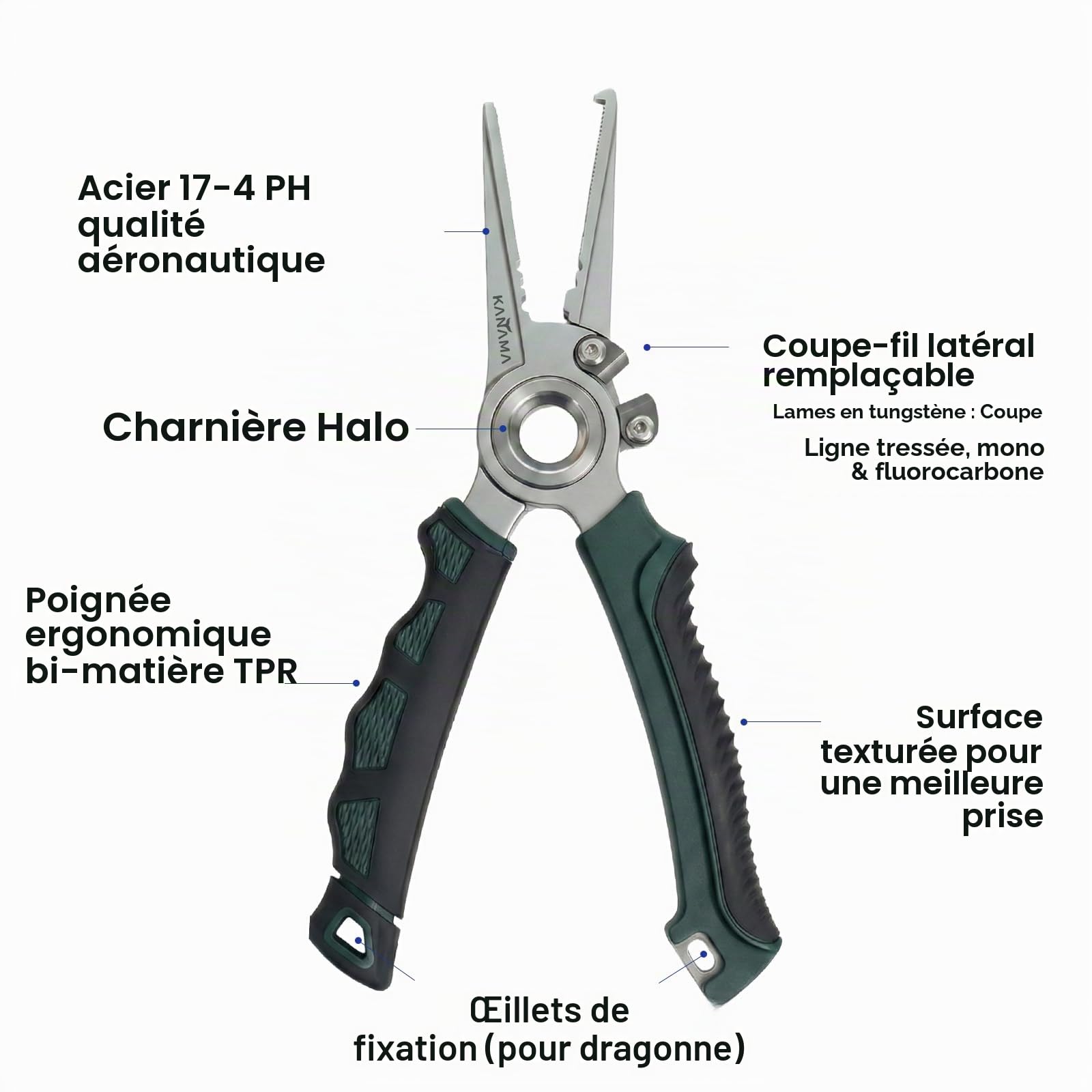 KANAMA Pince de Pêche en Acier Inoxydable 17-4, Pince Pêche en Mer Antirouille 19 cm avec Ouvre-Anneau Brisé, Dégorgeoir et Coupe-Tresse en Carbure de Tungstène, Idée Cadeau Pêche Homme