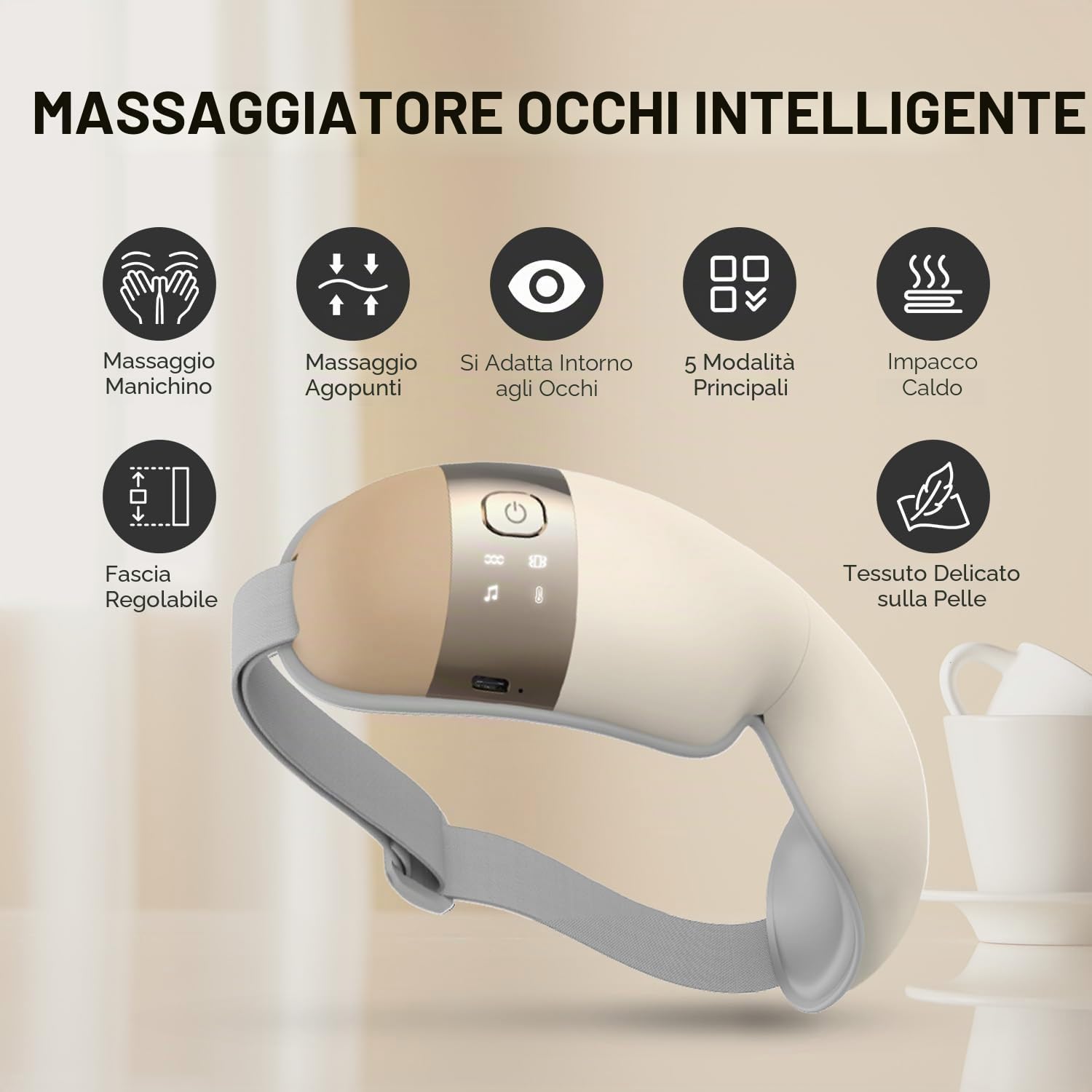 HubiCare HEM-5 Massaggiatore occhi con calore vibrazioni e musica Bluetooth, sollievo da emicrania e affaticamento visivo, riduce occhiaie e borse, relax sonno, design pieghevole portatile (Beige)