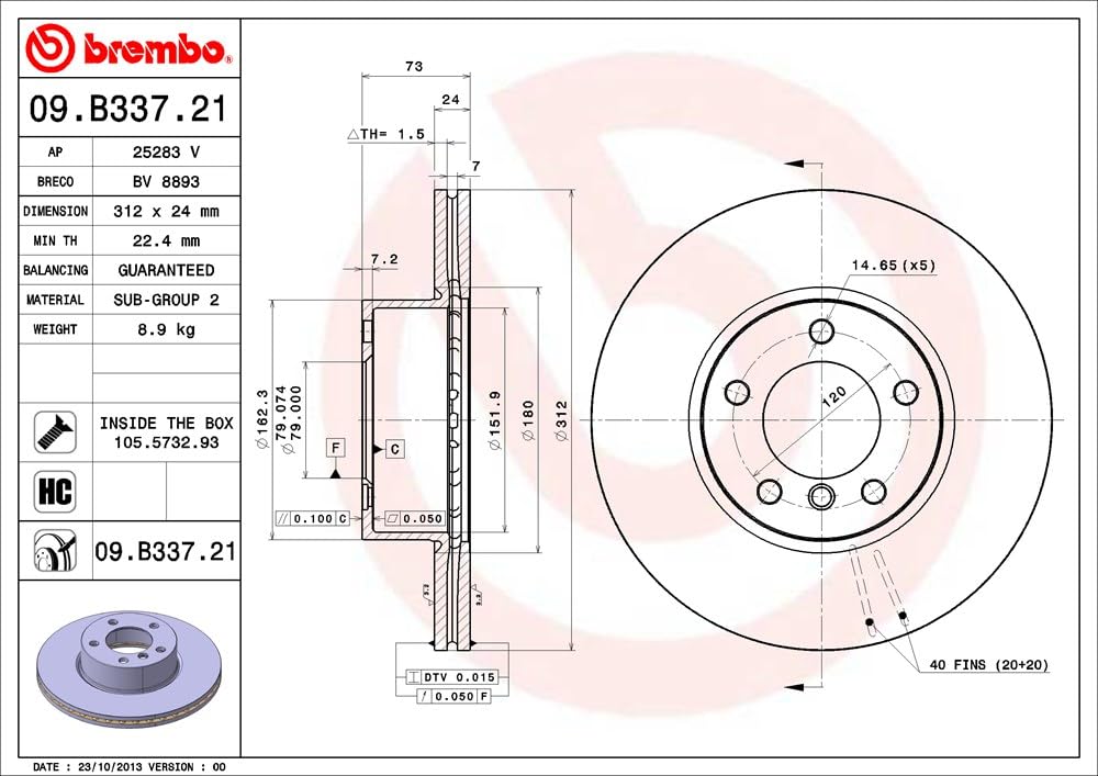 Brembo 09.B337.21 - Disco Freno con Verniciatura UV (Set di 1) - Anteriore