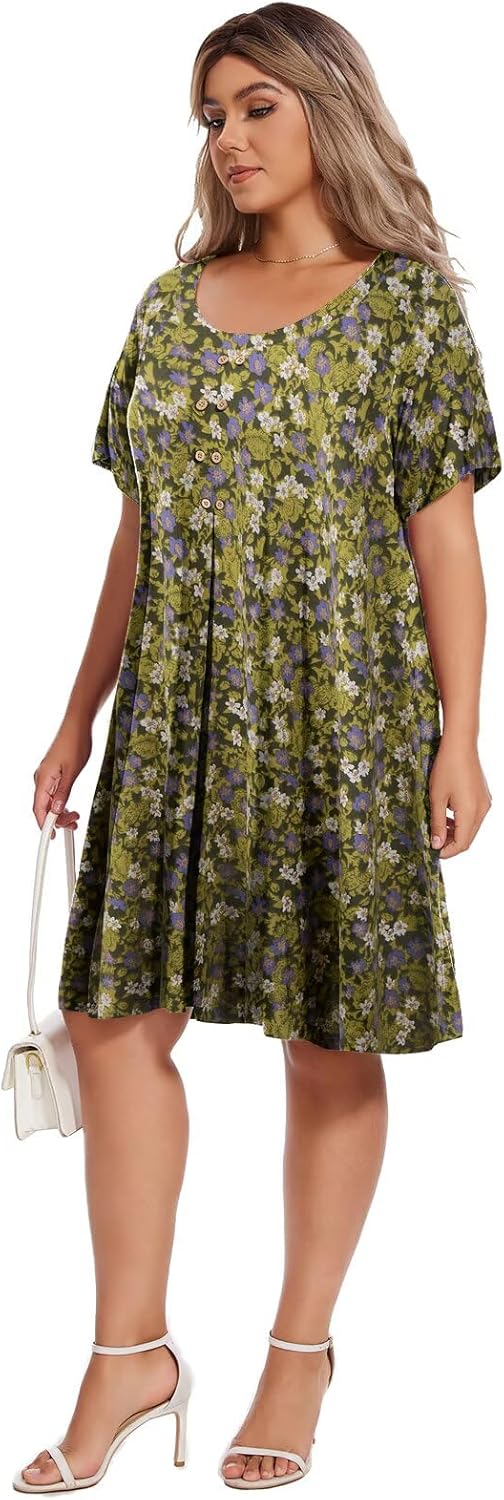 OVERWORETY Womens Short Sleeve Plus Size T-Shirt Dress Scoop Neck Button Up Swing A-Line Casual Dresses with Pocket - Image 3