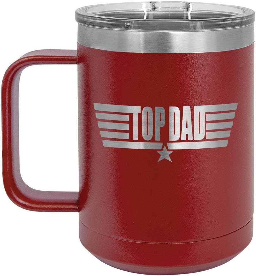 TOP DAD Navy 15 oz Coffee Mug w/Slide Top Lid | Insulated Travel Coffee Cup | Father's Day Gift Ideas From Son or Daughter | Compare To Yeti Rambler | ONLYGIFTS.COM