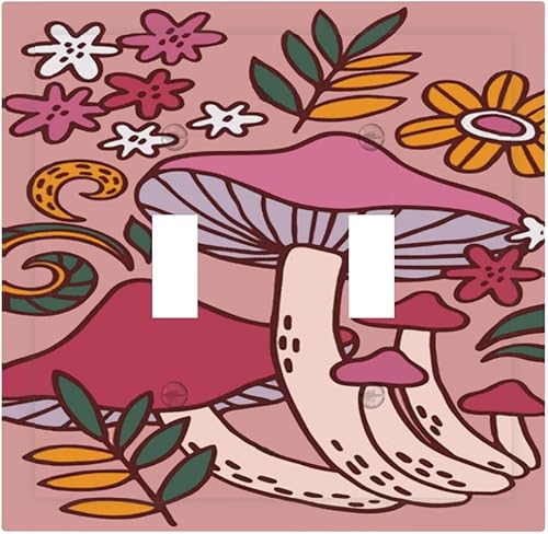 Miniatura 2 de Cubierta de interruptor de luz de palanca doble de 2 cuadras, color rosa, hongos, flores, placa de pared, placa frontal eléctrica, retro, años 70,