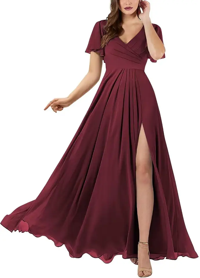 Vestidos femininos de dama de honra com gola V e mangas 2025 longo evasê chiffon vestido formal para noite com bolsos