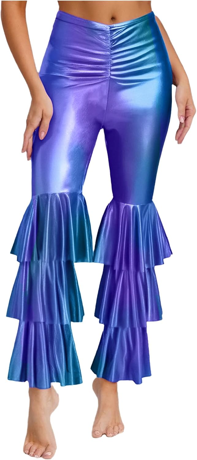 Hularka Women's Shiny Metallic Disco Dance Bell Bottoms Contrast Color Tiered Flared Pants Clubwear