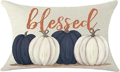 Funda de almohada decorativa rectangular de lino y algodón con diseño de calabazas azules con diseño de calabazas azules para el día de Acción de