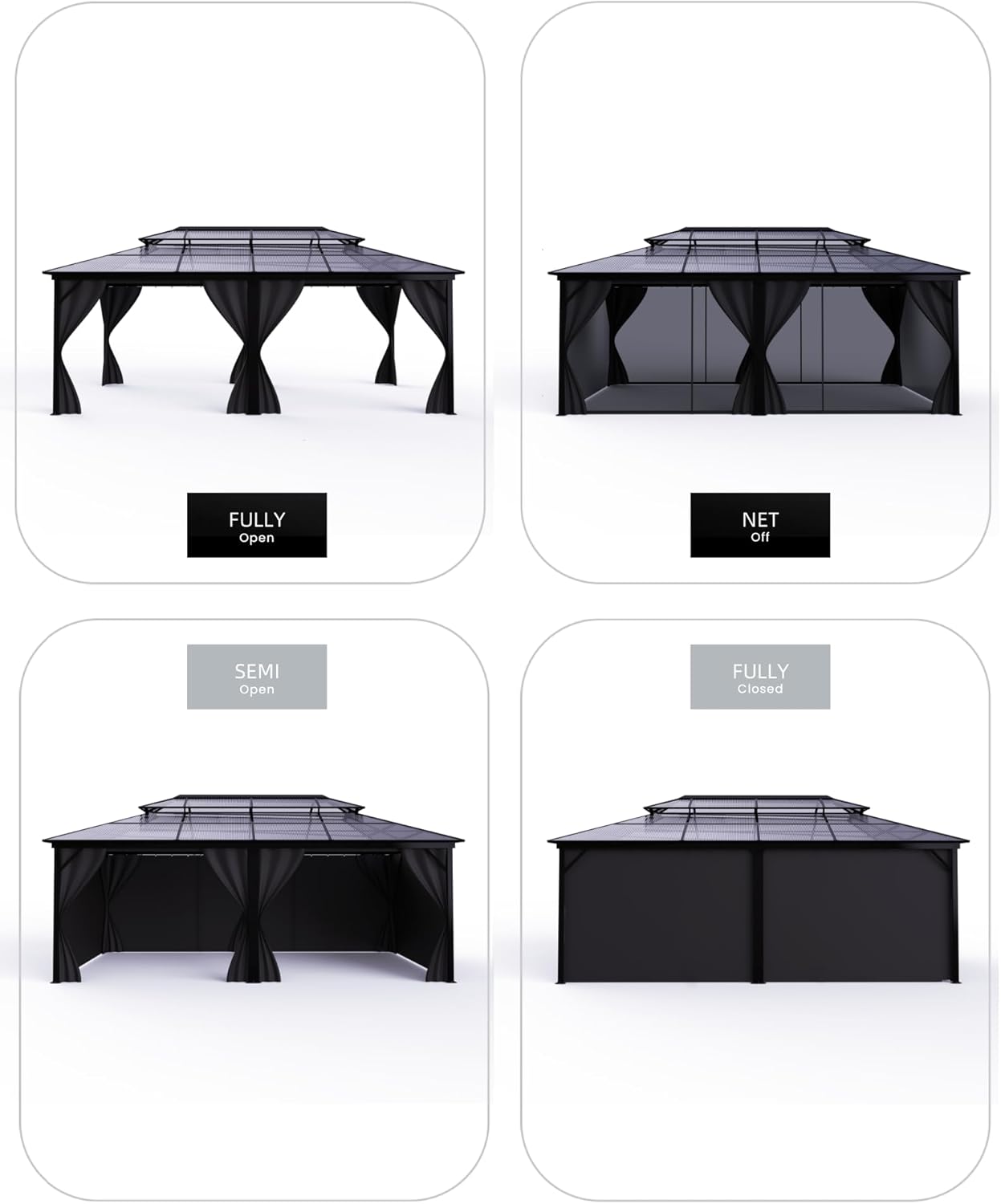 GarveeLife Hardtop Gazebo 12 ft x20 ft for All Weather, Double Polycarbonate Sheets Roof, Aluminum Alloy Frame, Net, and Curtain, Permanent Building for Patio, Deck, Backyard, Lawn, and Garden