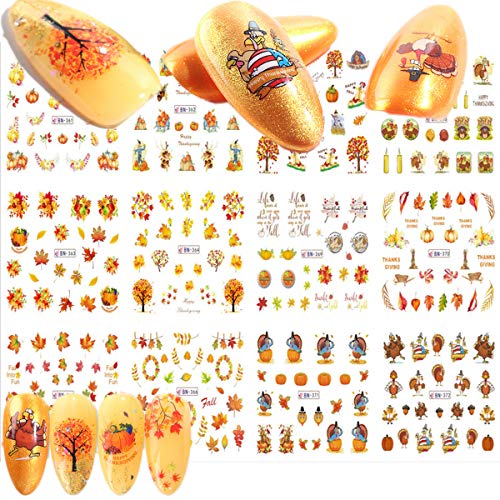 Fall Nail Art Stickers Water Transfer Nail Decals Thanksgiving Nail Decals Stickers Self-adhesive Tip and Water Transfer Set - DIY Nail Art Decoration Manicure Tips Charms Design Turkey Autumn Maple F