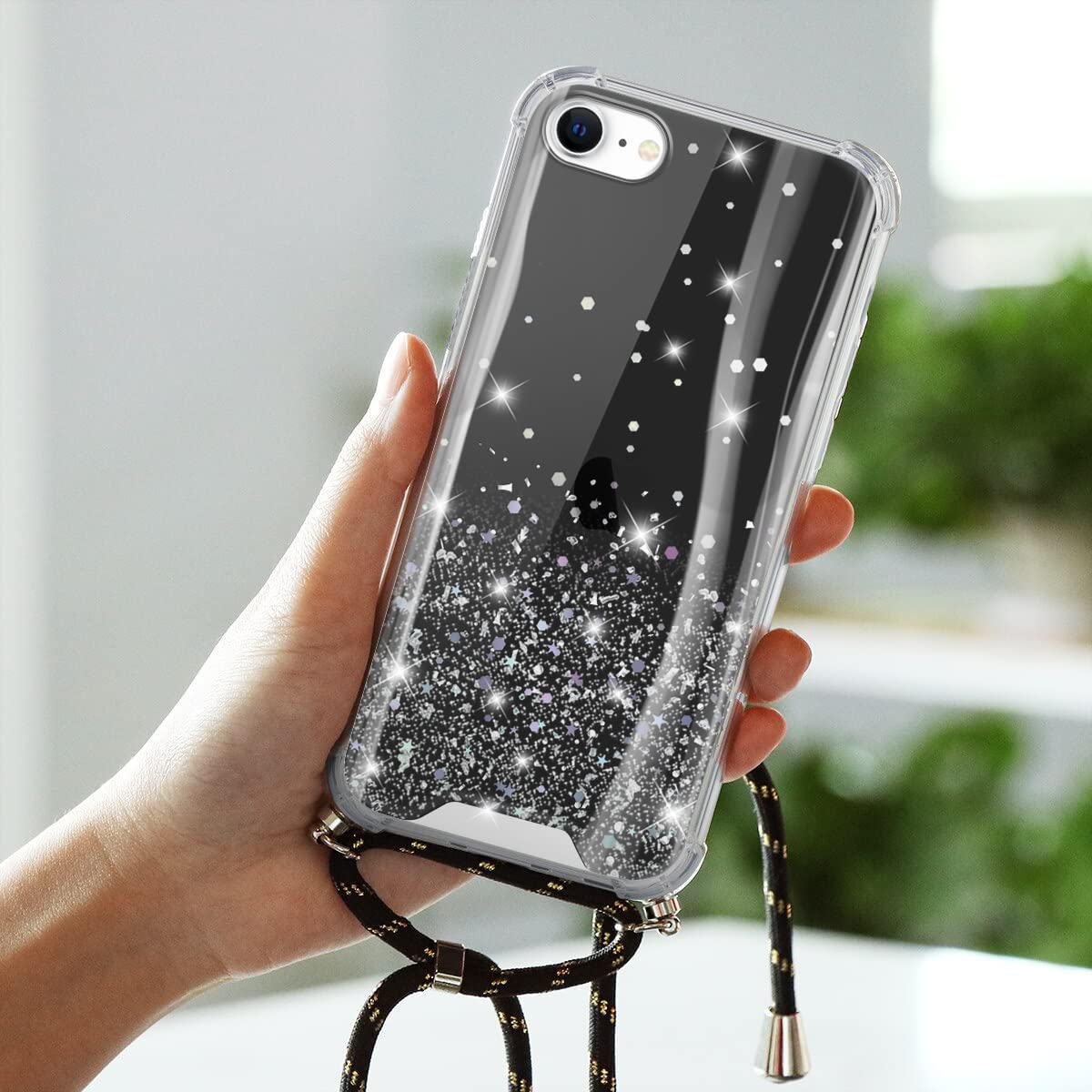 Vauki Cover Glitter con Cordino per iPhone SE 2022/2020/iPhone 8/7/6/6s 4.7, Custodia Trasparente Glitterate con Collana PC Case Antiurto con Corda Regolabile Tracolla Sparkle per iPhone 8, Nero