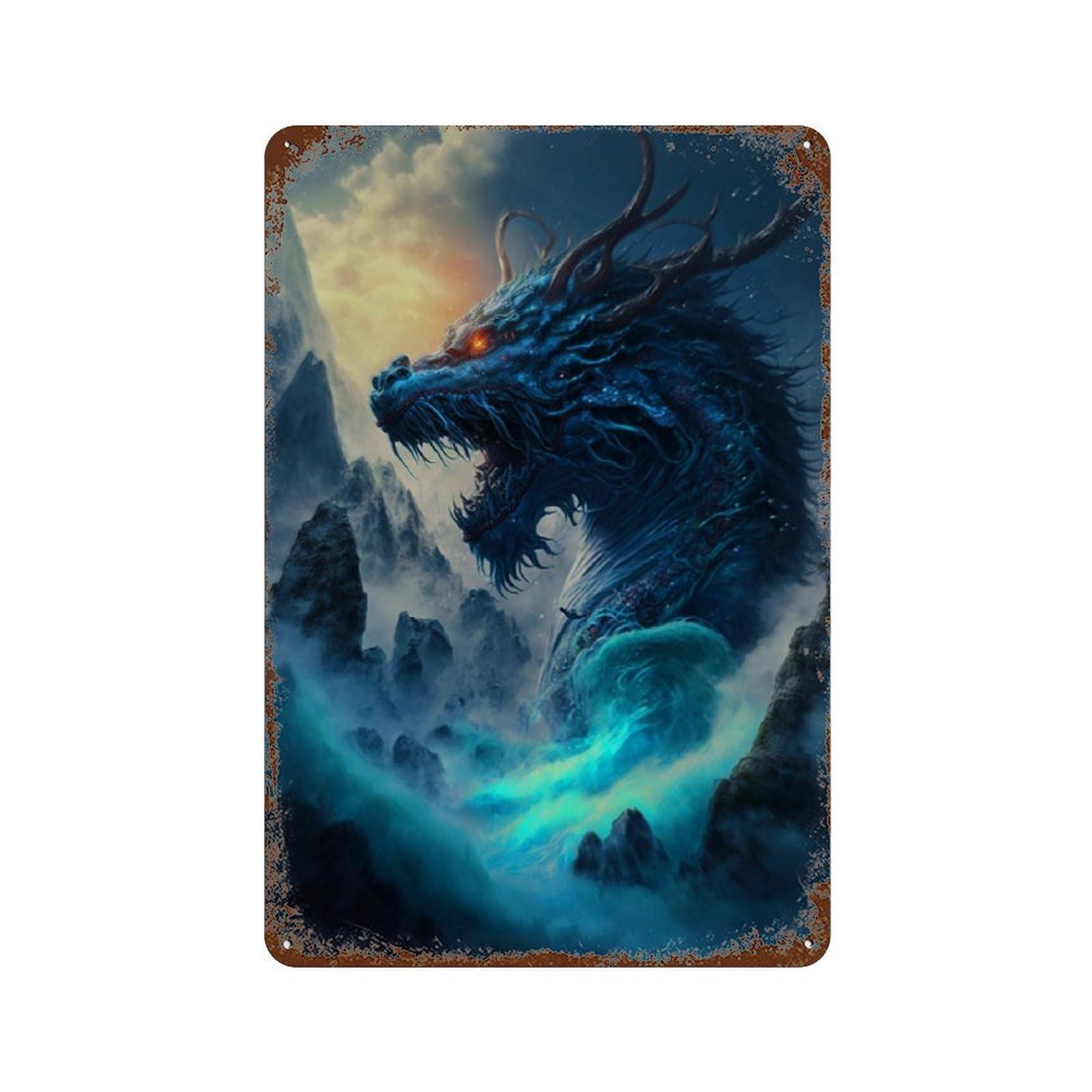 Blue Dragon Fantasy Artwork 11.8"x7.9" Rustic Tin Plaque, Industrial Home Decor for Farmhouse, Kitchen And Entryway Decor