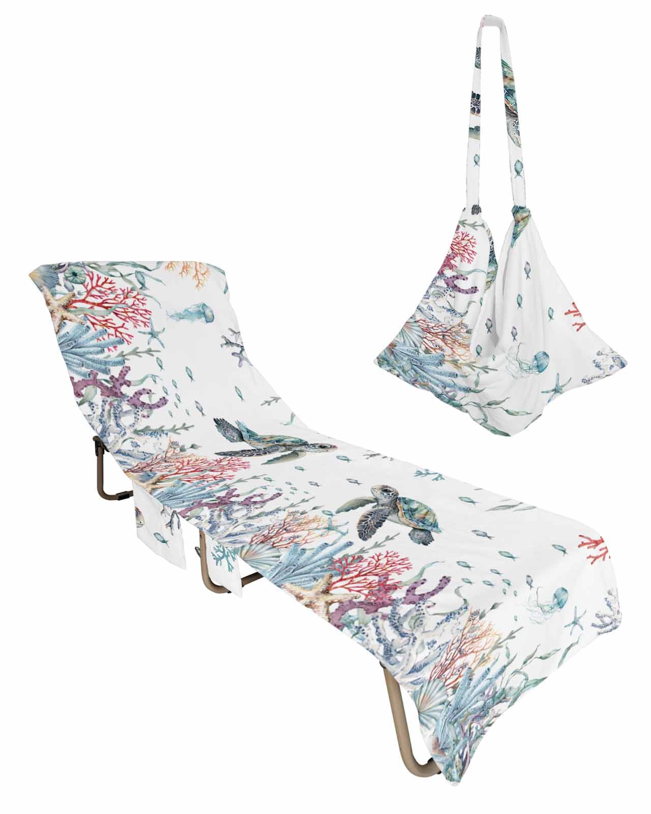 Oecan Sea Turtle Beach Chair Towel Covers for Chaise Lounge with Side Pocket, Soft Plush Pool Towels Cover for Patio Sunbathing Outdoor Coral Seaweed Blue Coastal Watercolor 29''x85''