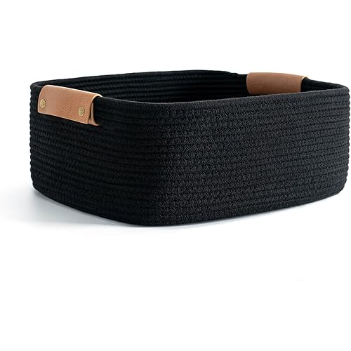 CHICVITA Rectangle Cotton Rope Woven Basket with Handles for Books, Magazines, Toys - Decorative Rectangle Basket for Baby Nursery, Living Room, Bathroom, Black