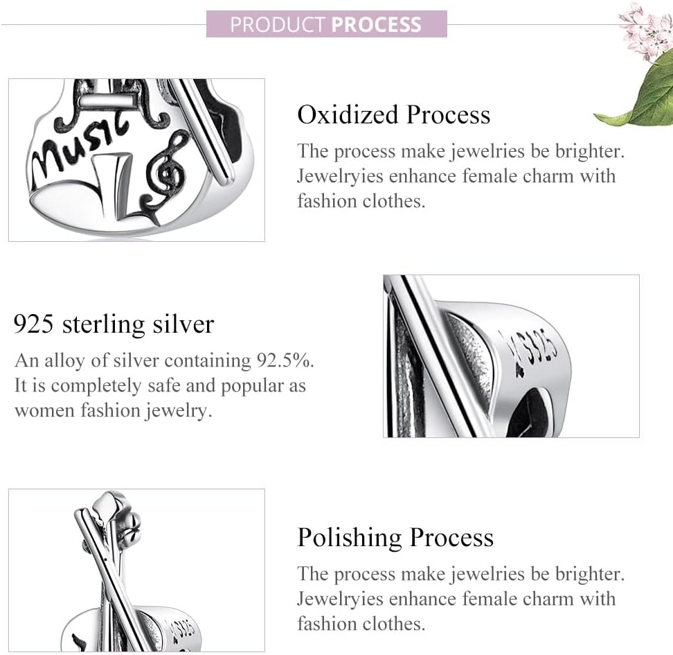 Vintage Violin Charm 925 Sterling Silver Charm Fits For Pandora Bracelet, European Charms Bracelet, Women Gift