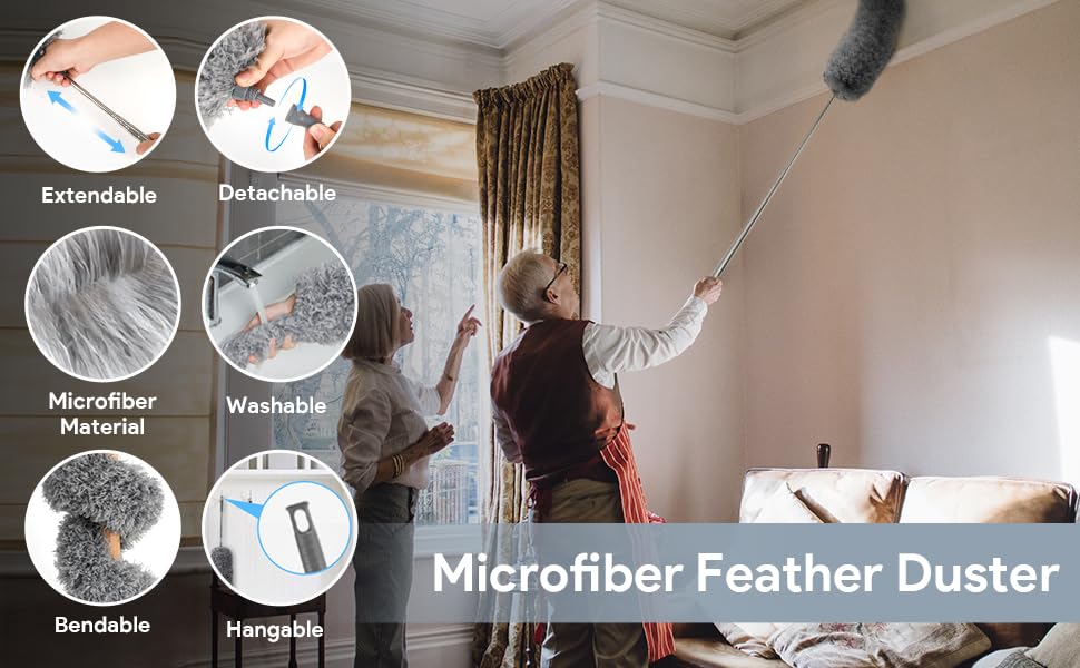 Image of Fan Ceiling Duster for Dust Cleaning with extendable Pole 100 Inch with Anti Scratch Bendable Brush for High Ceiling Fans,Window Blinds, Furniture (Standard)