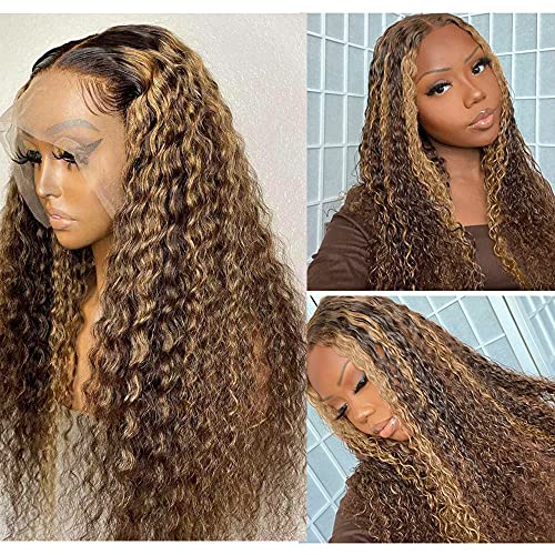 Highlights Lace Front Human Hair Wig Ombre Brown to Blonde Highlights Deep Curly Lace Front Wigs for Women Pre Plucked Hairline Vigin Blonde Human Hair Remy Wigs13x1x4 Lace Wig 16" Ombre Colored Wig