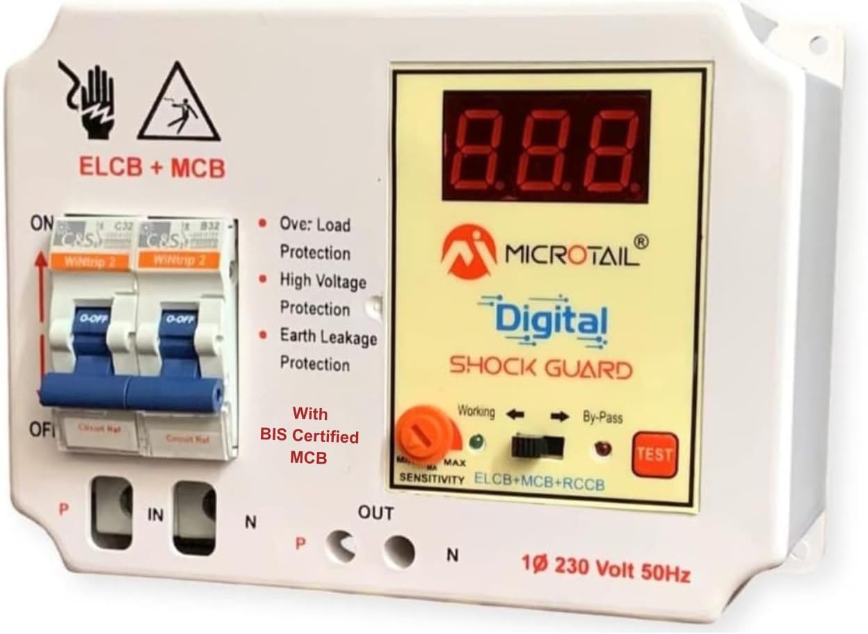 Microtail Digital ELCB 32 Amp Single Phase 2 Pole ELCB + RCCB + ISI Marked MCB with High Voltage, Leakage Current 3 to 30 Ma (White)