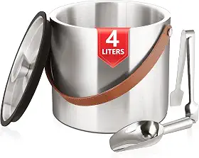 Bakpoco Balde de gelo 4L com tampa, colher, pinça e coador, baldes de gelo isolados de parede dupla de aço inoxidável para festas e bar, grande recipiente de gelo champanhe ao ar livre, cabo marrom