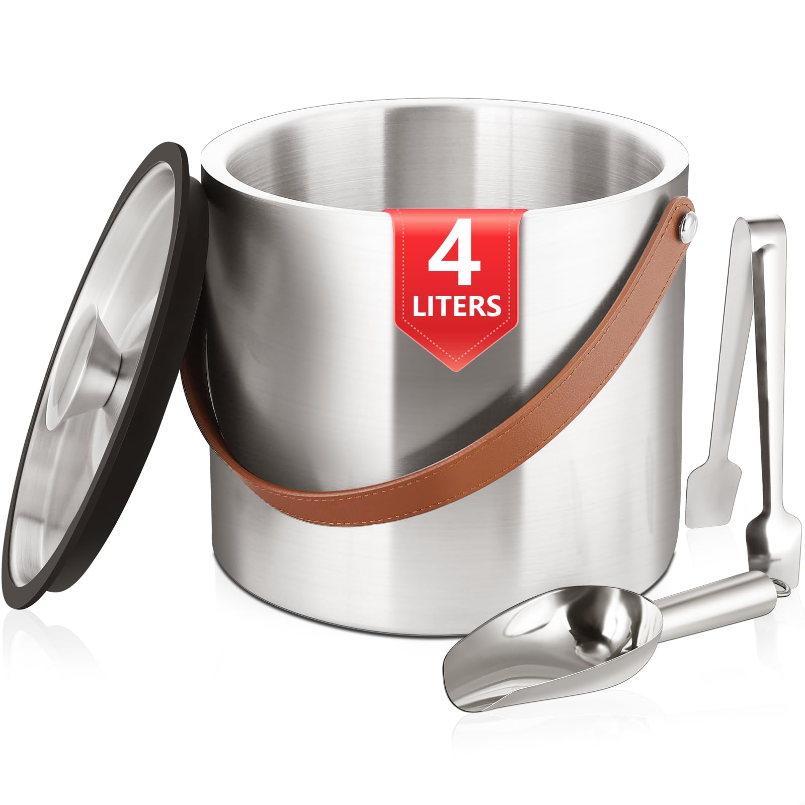 Bakpoco Eiskübel mit Deckel, Schaufel, Zange und Sieb, Edelstahl, doppelwandig, isoliert, für Partys und Cocktailbar, großer Champagner-Eisbehälter, hellbrauner Griff, 4 l