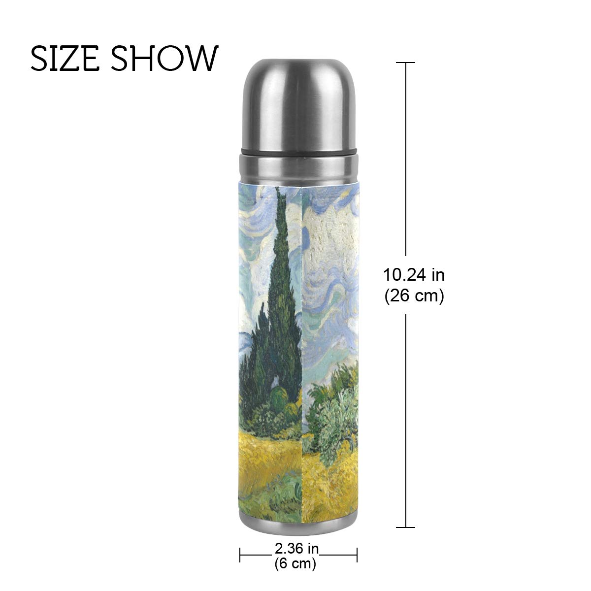 Taza de viaje aislada al vacío de acero inoxidable con doble pared a prueba de fugas, diseño de Van Gogh personalizado impreso en piel auténtica, termo de 500 ml