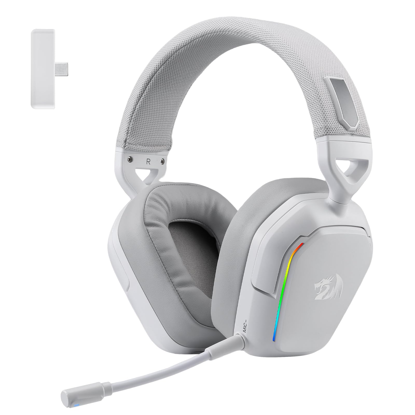 Redragon H868 3-Mode Wireless RGB Gaming Headset, 7.1 Surround Sound, 40 mm Drivers, Leather Foam Ear Pads, Noise-canceling Microphone, Over-Ear Headphones Works for Mobile, PC/PS5/XBOX/NS, White