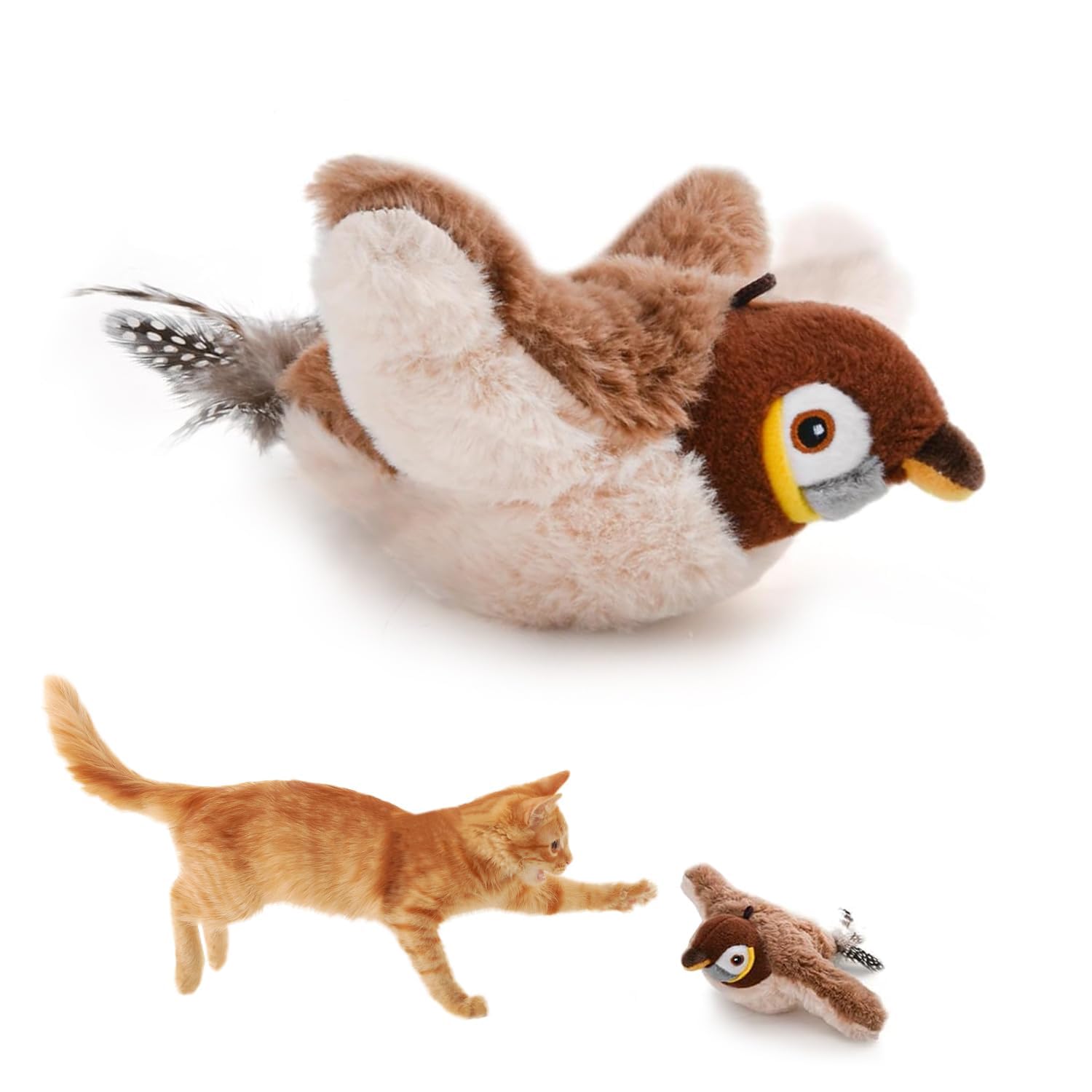 Paw N Pet Interactive 3 Mode Flapping Wings Bird Cat Toy with Catnip - for Cats & Kittens I Touch Activated, Rechargeable, Chirping Sparrow Sound Plush Toys for AduIt Indoor Cat (Brown Sparrow)-image-3