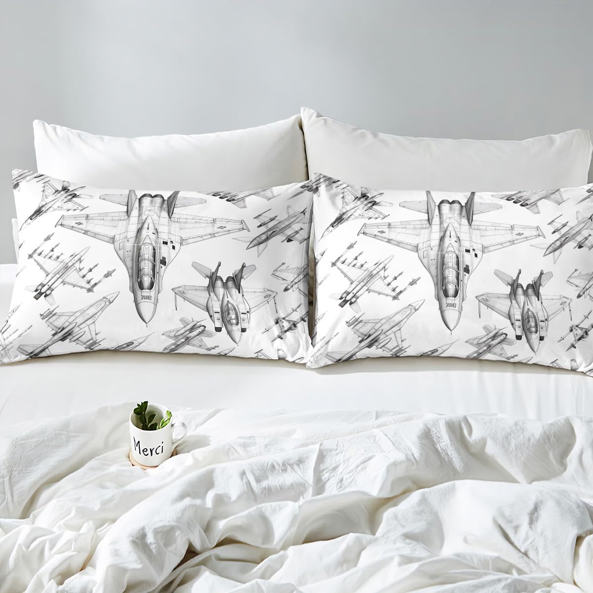 Aircraft Fitted Sheet Twin Size,Sketch 3D Airplane Bedding Set 2Pcs for Kids Boys Teens Men Room Decor,Black and White Airplane Print Bed Sheet Flying Games Theme Deep Pocket Sheet,1 Pillowcase - Image 5