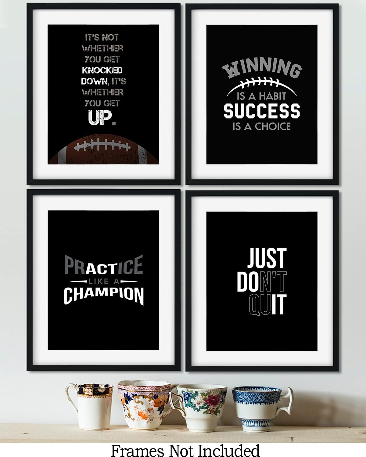 Govivo Football Inspirational Wall Art Set of 4, 11x14 Unframed Prints, Sports Quote Decor for Boys Room or Teen Bedroom, Game Room, Football Gifts for Players, Coaches & Fans