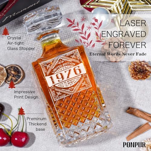 Image of PONPUR 50th Birthday Gifts For Men Dad, 1976 Laser Whiskey Decanter Set with Gift Box, Anniversary Birthday Gift Ideas for Him Husband, 50 Years Bday Decorations, Whiskey Glasses & Whisky Stones Inc.