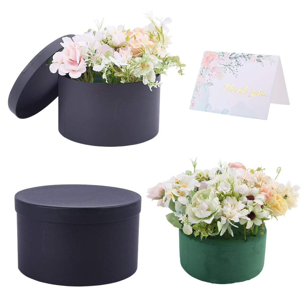 HOBBIESAY 1 Set Black Round Gift Boxes with Lids Floral Foam 5 PCS Thank You Greeting Cards Flower Arrangements Supplies Flower Arrangements Nesting for Mother's Day Graduation Wedding Birthday