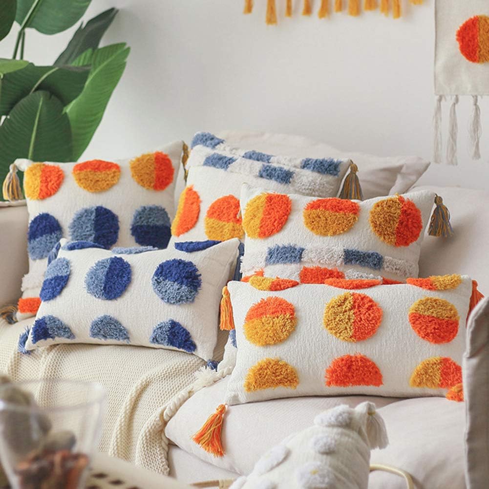 vctops Boho Gradient Tufted Lumbar Throw Pillow Cover with Tassels Chenille Geometric Handwoven Decorative Cushion Cover for Couch Sofa Living Room (XYYellow, 12"x20")