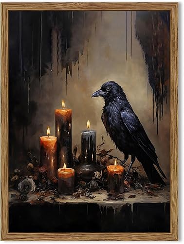 Lienzo enmarcado vintage de Halloween de cuervo negro, arte de pared gótico oscuro Academia cuervo, decoración de pared, pinturas espeluznantes a la