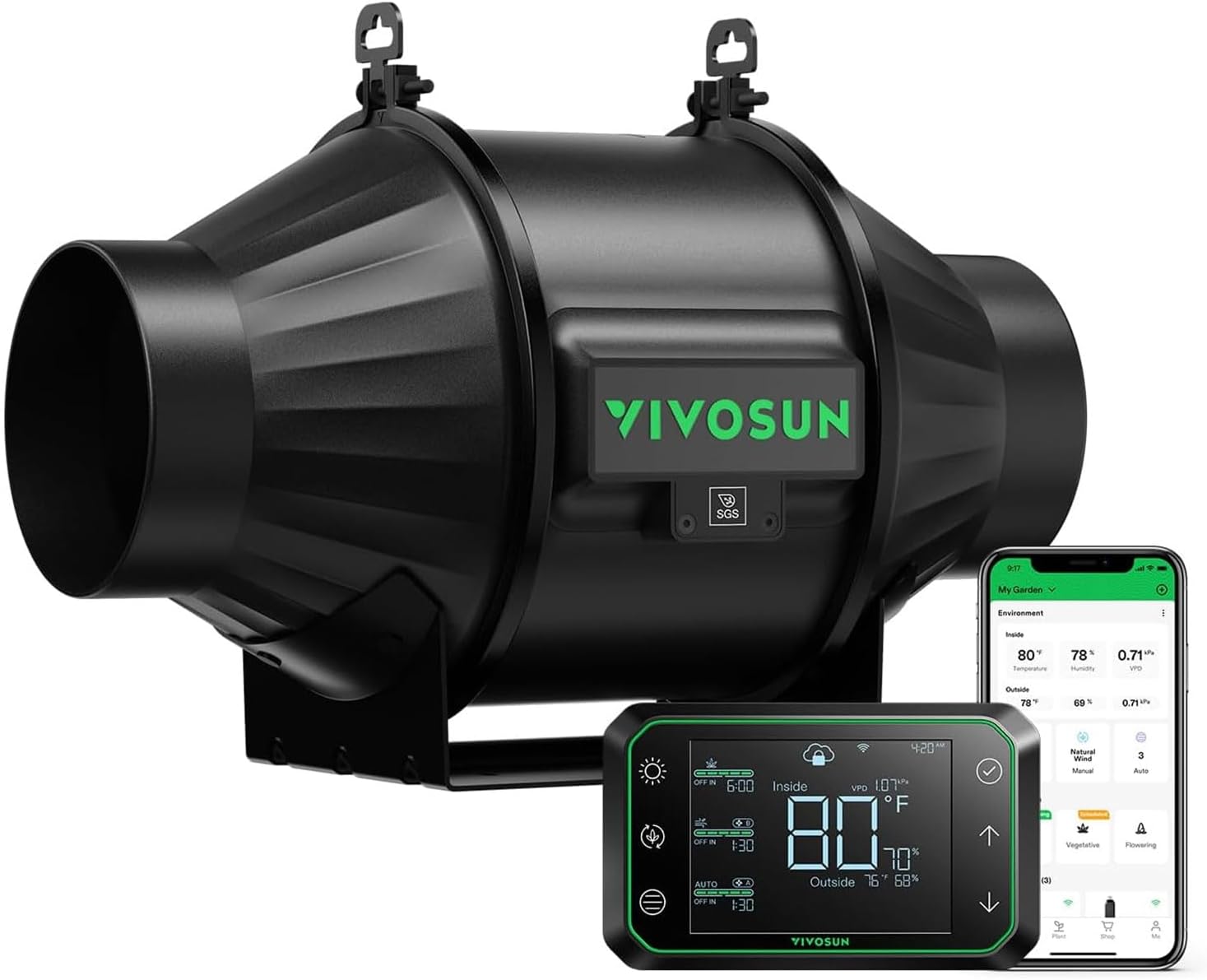 VIVOSUN T4 4" Inline Duct Fan & Temperature Humidity Controller, E42A WiFi-App Control AeroZesh Grow Tent Fan& Smart Thermostat, 210 CFM EC Motor Exhaust Fan for Heating Cooling, Greenhouse Accessory 4” & Smart Controller PRO