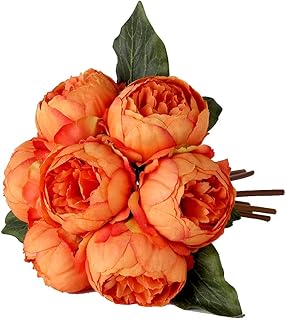 Jim`s cabin 7 Heads Artificial Flowers Orange Peony Silk 3 Leaves Vintage Home Decoration Party Wedding Bouquet (Orange)